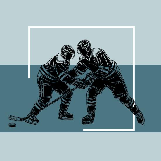 Grafik af to ishockeyspillere i kamp på isen.