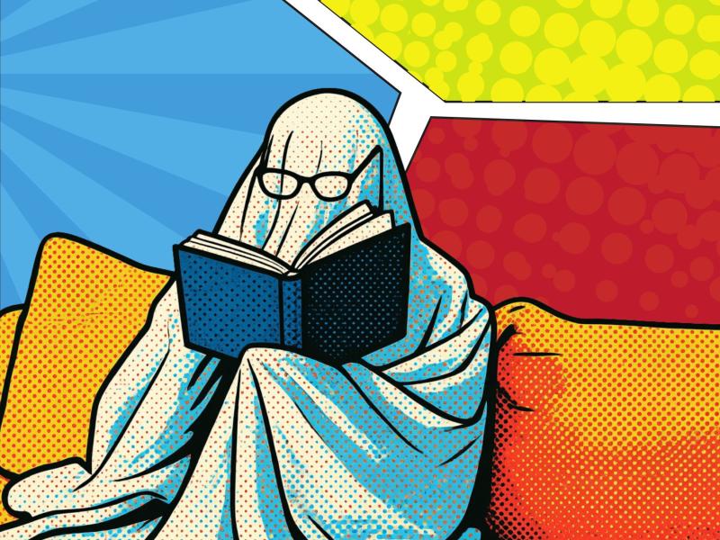 Pop art-illustration af et spøgelse med briller, der læser i en sofa.